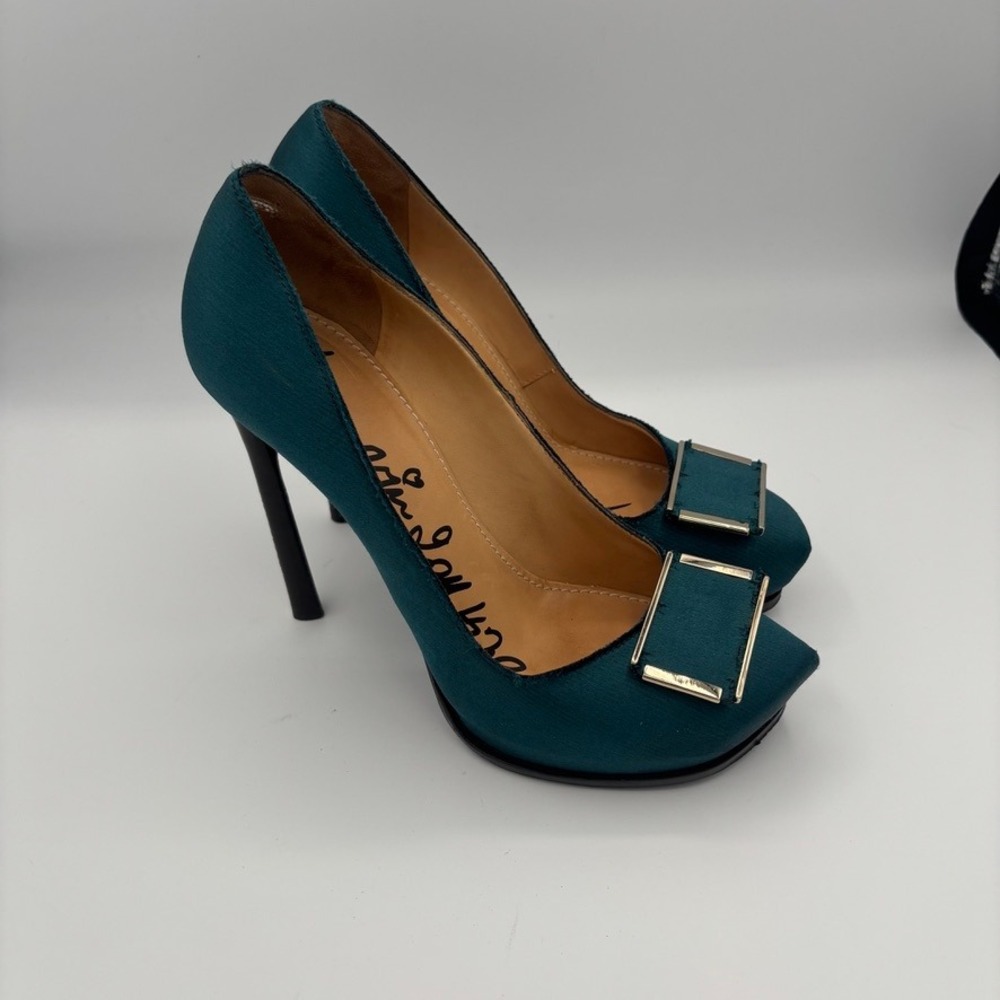 Lanvin Platform Pumps Women Sz 39 Teal Satin Buckle Stiletto Heel Luxury - Picture 4 of 16